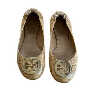 Tory Burch Reva Ballet Flats Beige Croc Embossed Leather Size 5.5 Logo Medallion